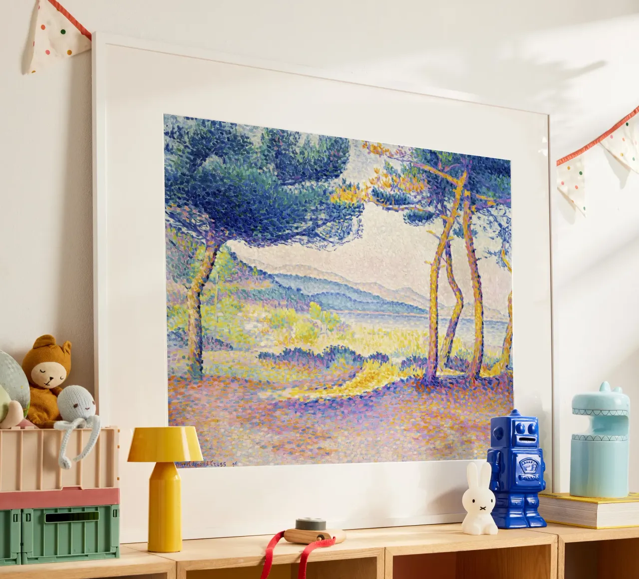 Pijnbomen langs de kust van Henri-Edmond Cross (1896) poster met kunststof frame van Venus Art