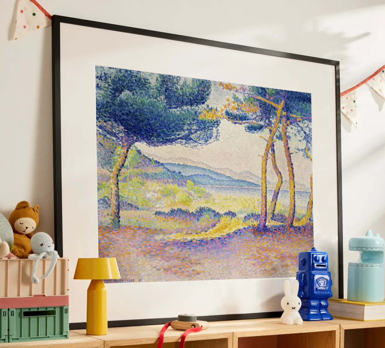 Pijnbomen langs de kust van Henri-Edmond Cross (1896) poster met kunststof frame van Venus Art