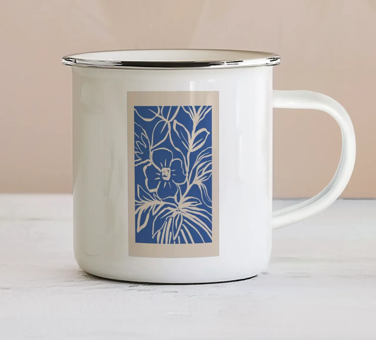 Abstract Beige and Blue Floral Line Art enamel mug by Melloi Art Print