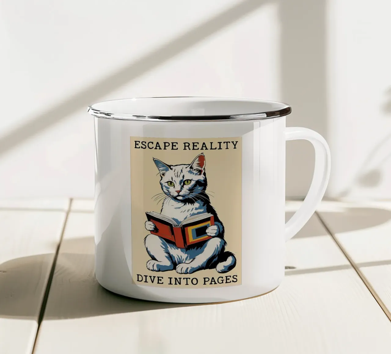 ESCAPE REALITY DIVE INTO PAGES enamel mug by Arjun