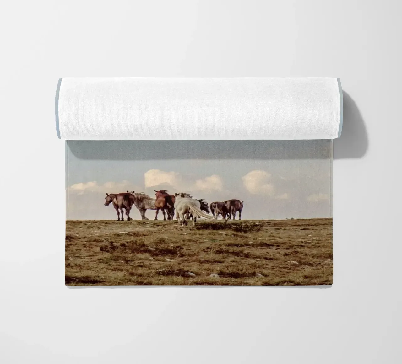 herd horses pasture beach towel by Horsire