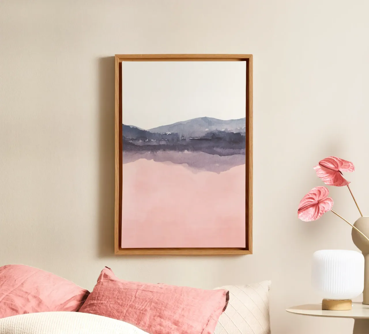 Roze en blauw abstract landschap duo 2/2 canvas met Baklijst van NouveauPrints