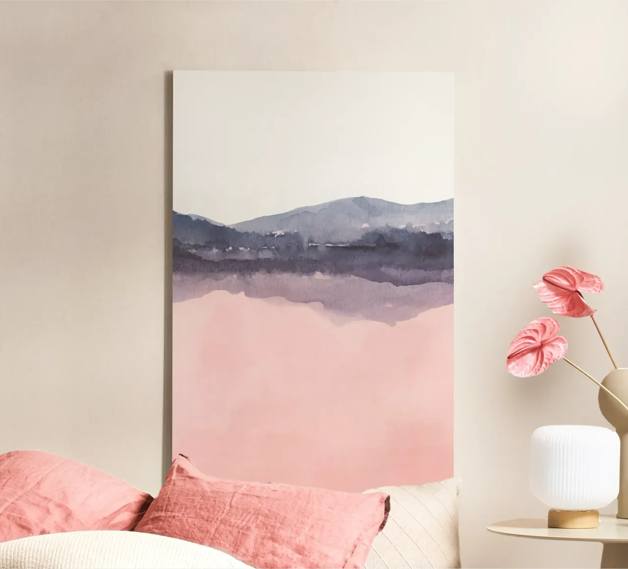 Roze en blauw abstract landschap duo 2/2 canvas met Baklijst van NouveauPrints