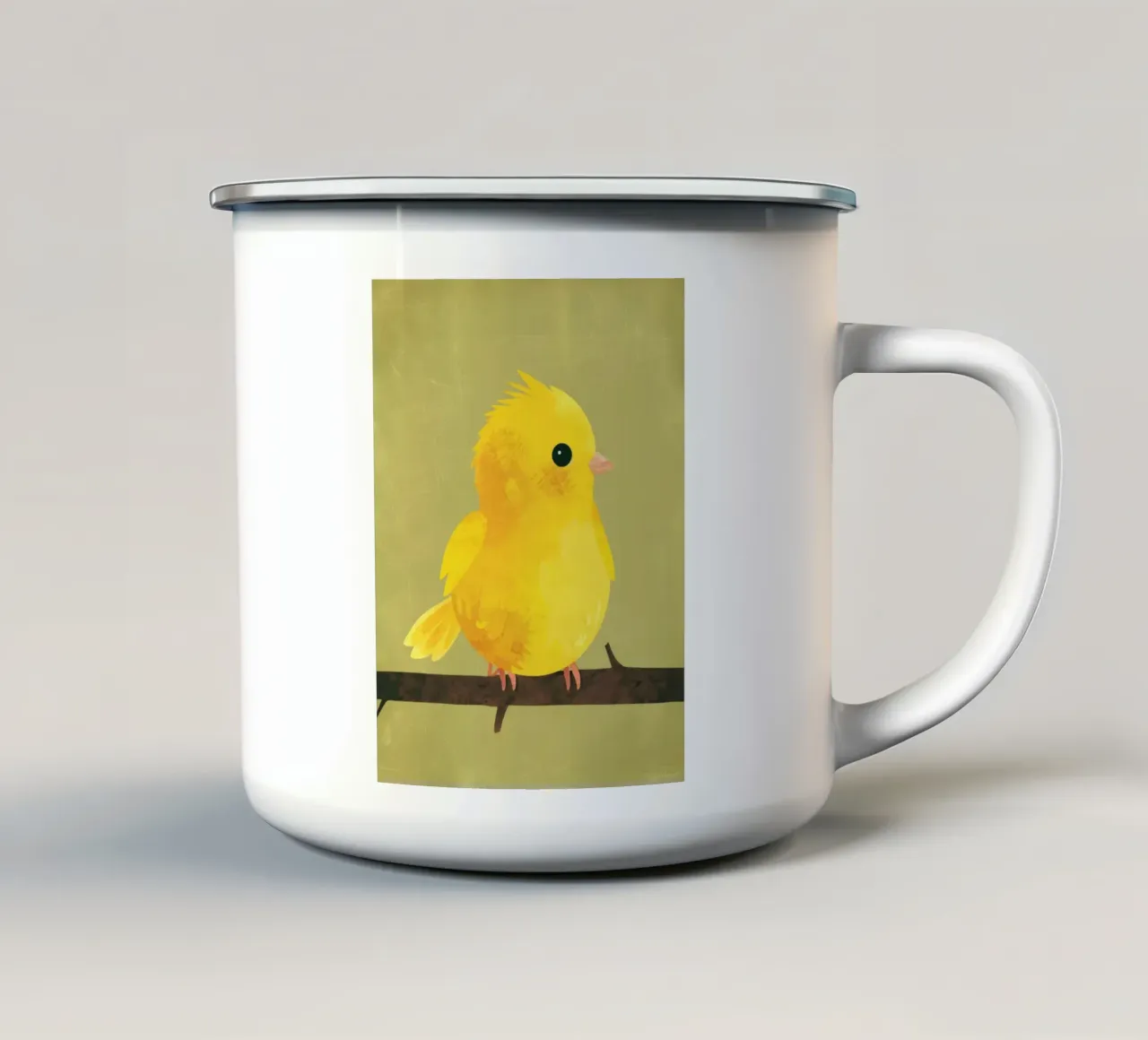 Un titolo calmo e morbido per l'illustrazione minimalista del canarino tazza in smalto da DesignDoodle