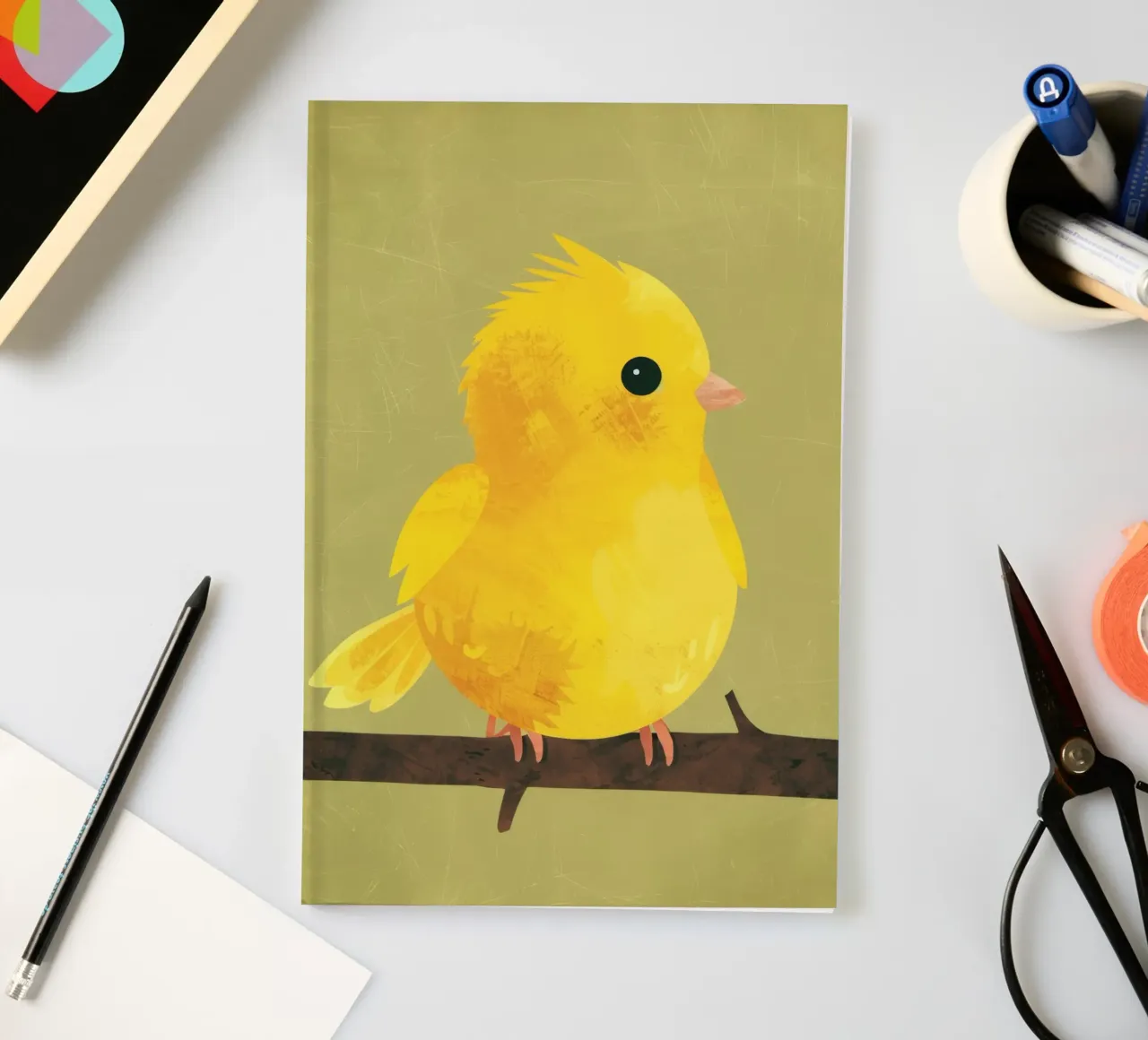 A calm and soft title for the minimalist canary illustration notebook by DesignDoodle
