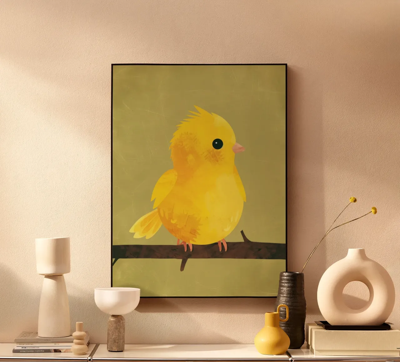Un titolo calmo e morbido per l'illustrazione minimalista del canarino plexiglass da DesignDoodle
