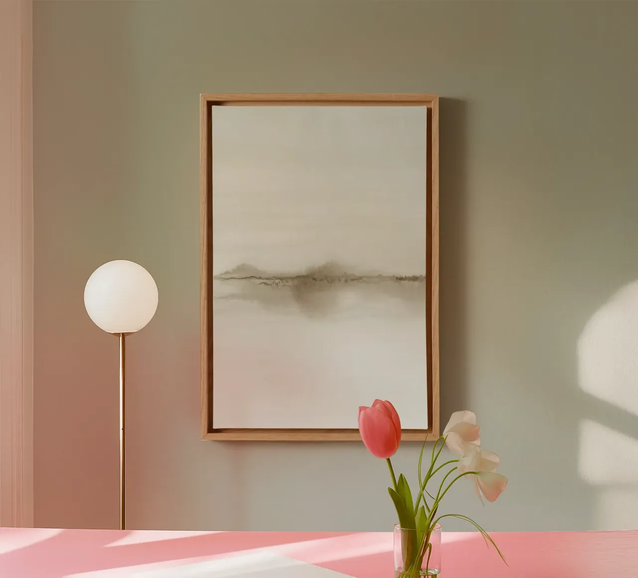 Minimalistisch beige landschap tweeluik 1/2 canvas met Baklijst van NouveauPrints