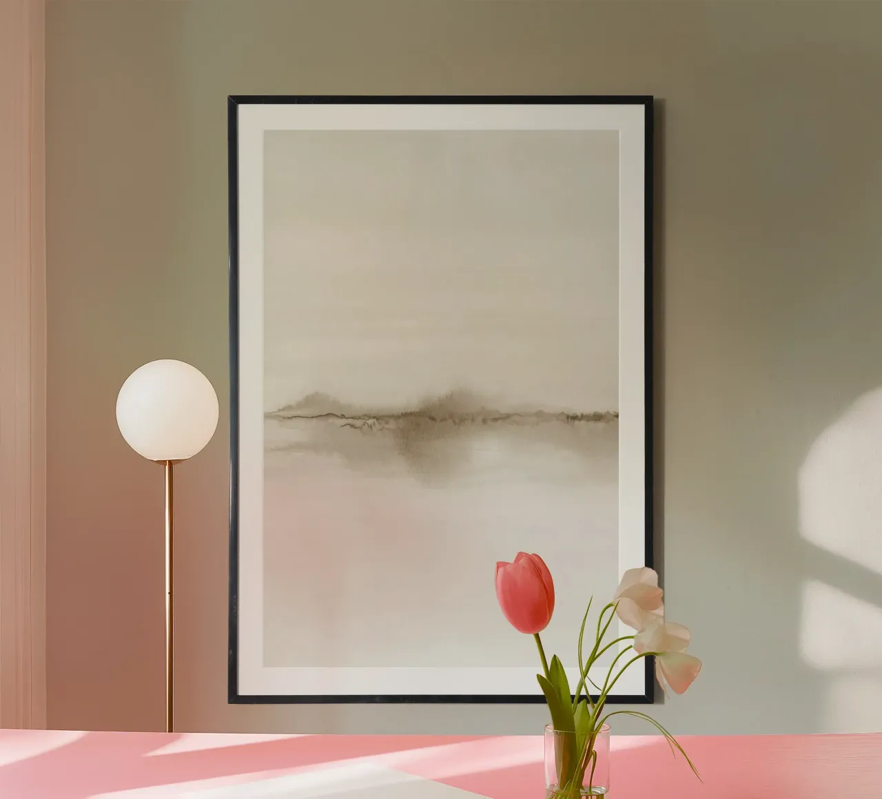 Minimalist beige landscape diptych 1/2 Poster mit Aluminium Rahmen von NouveauPrints