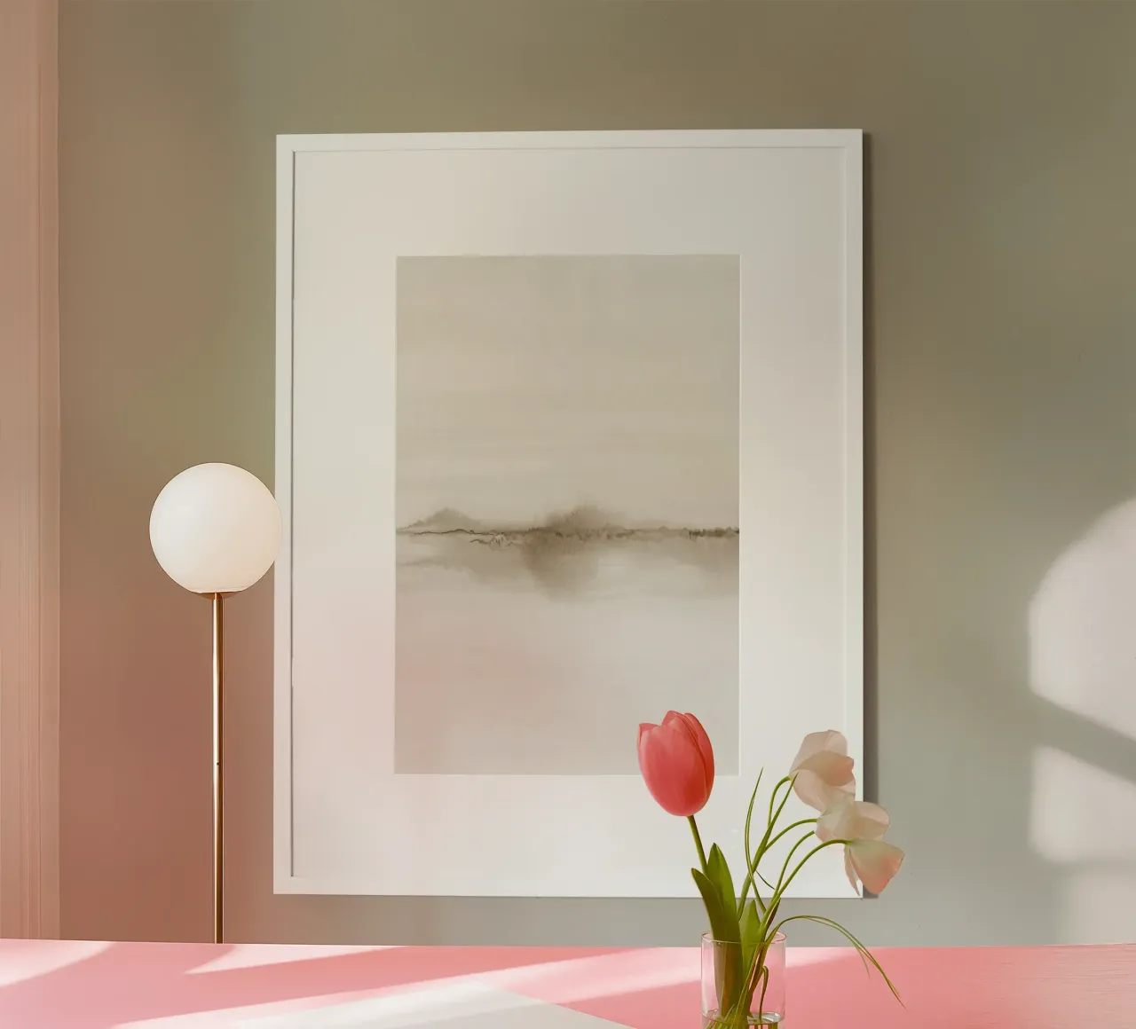Minimalist beige landscape diptych 1/2 Poster mit Aluminium Rahmen von NouveauPrints