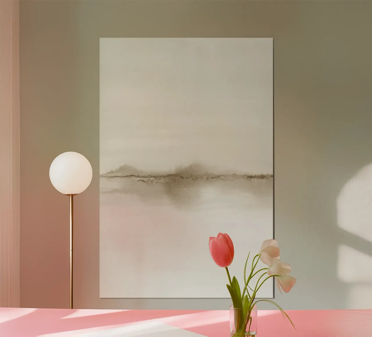 Minimalist beige landscape diptych 1/2 Poster mit Aluminium Rahmen von NouveauPrints
