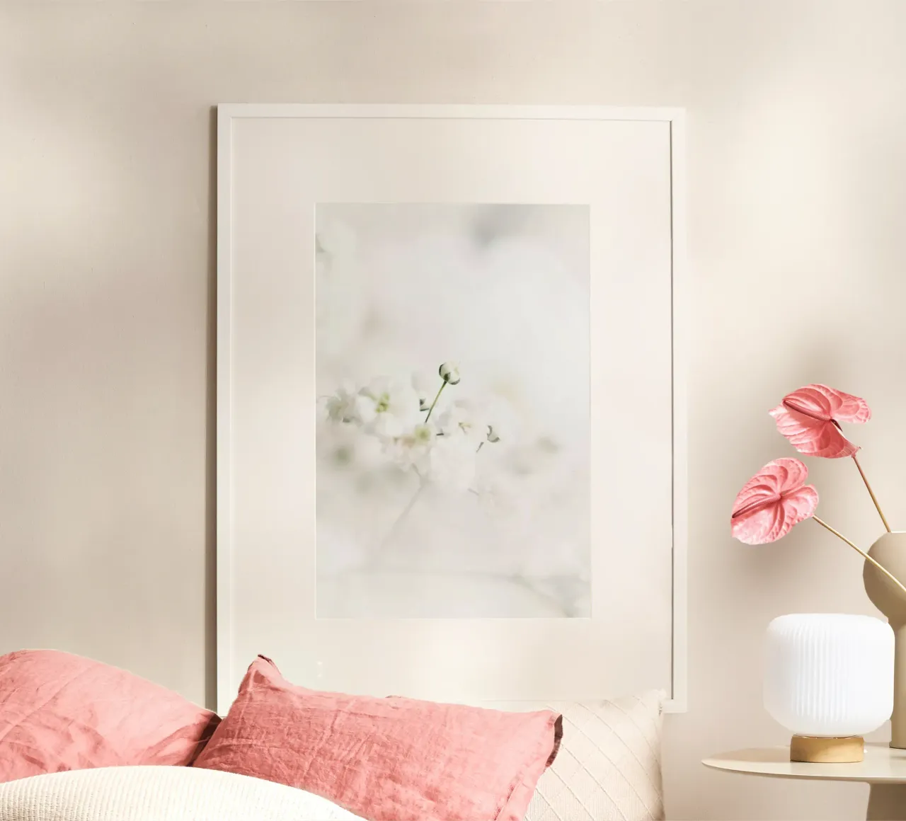 Bloem - Witte Gypsophila Bloemenwolk poster van Ingrid Beddoes
