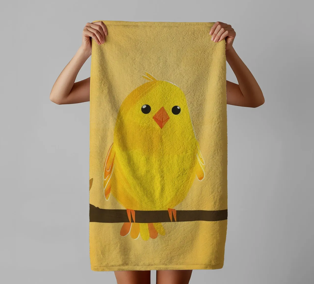 canary with a playful personality perched on a branch towel by DesignDoodle