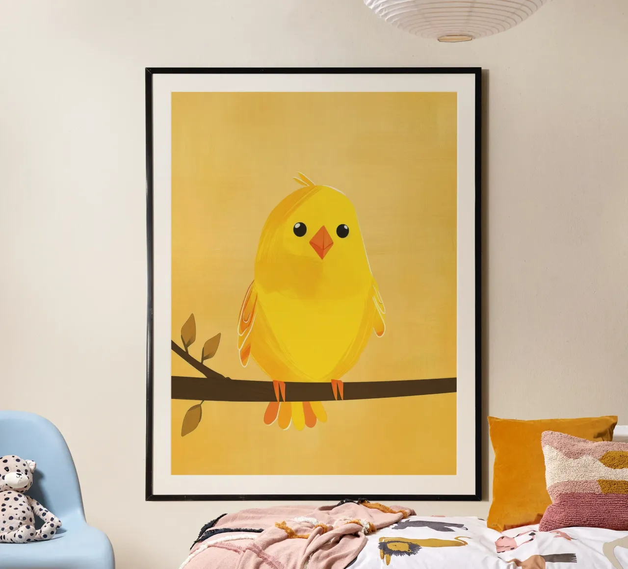 canary with a playful personality perched on a branch poster with plastic frame by DesignDoodle