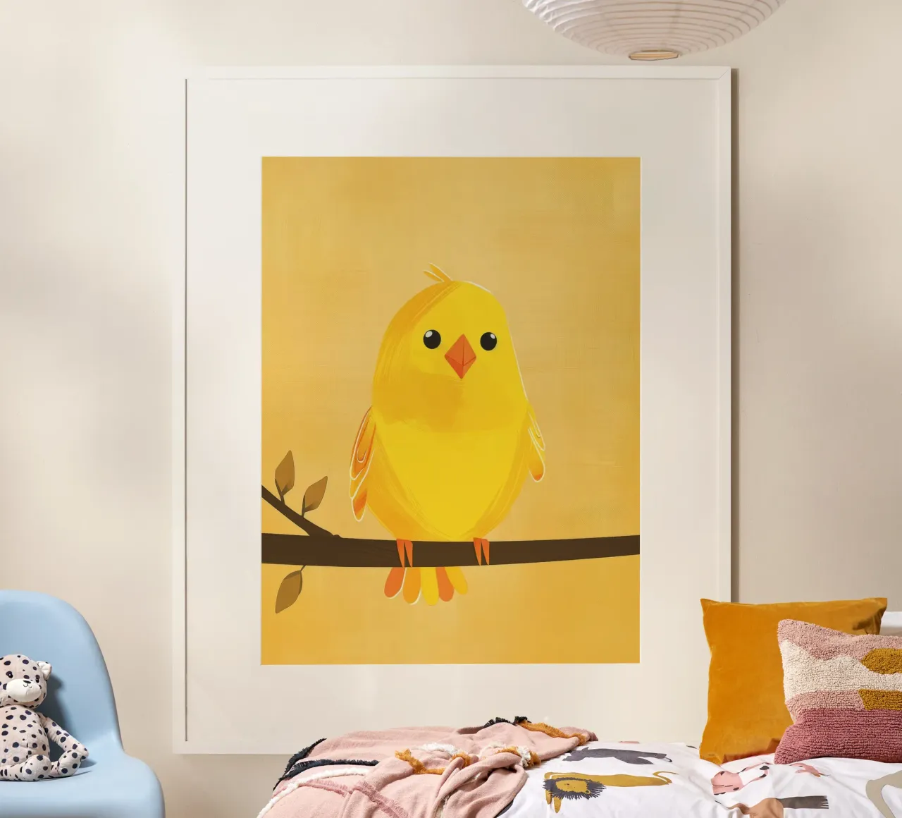 canary with a playful personality perched on a branch poster with plastic frame by DesignDoodle