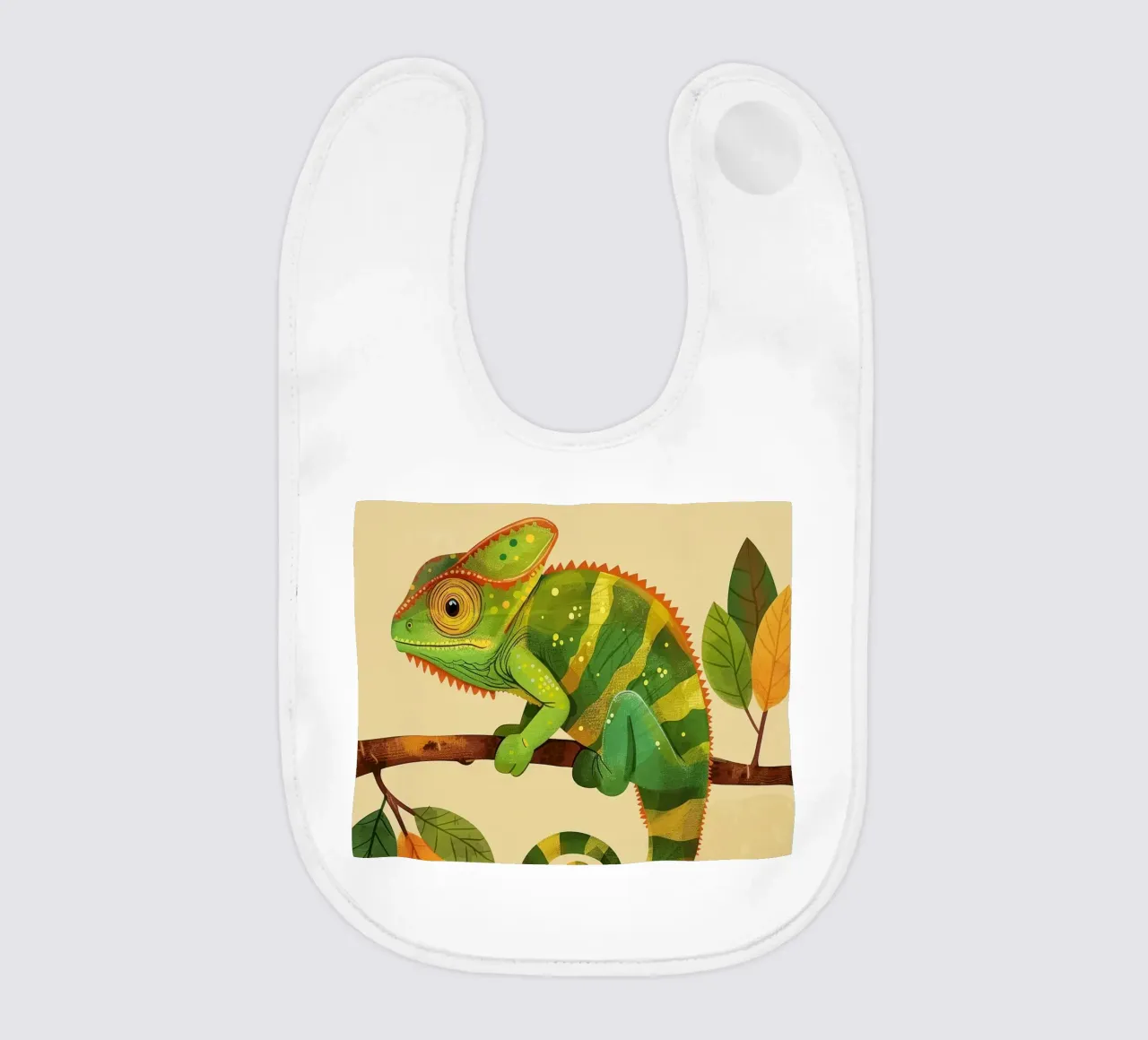 chameleon perched on a branch, with bright greens and yellow baby bib by DesignDoodle