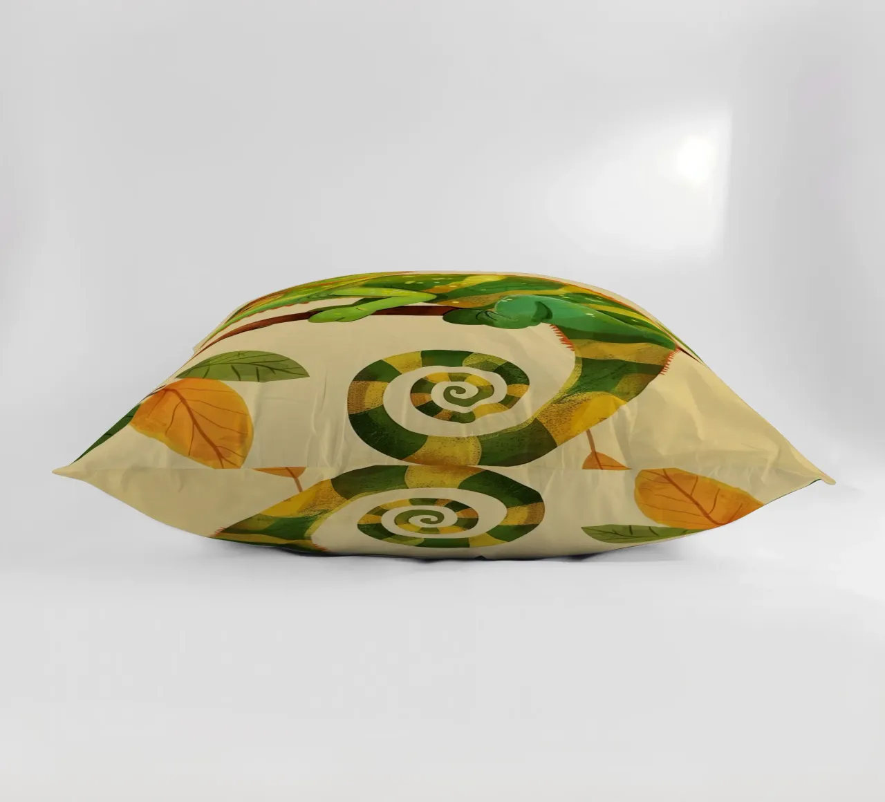 chameleon perched on a branch, with bright greens and yellow decorative cushion by DesignDoodle