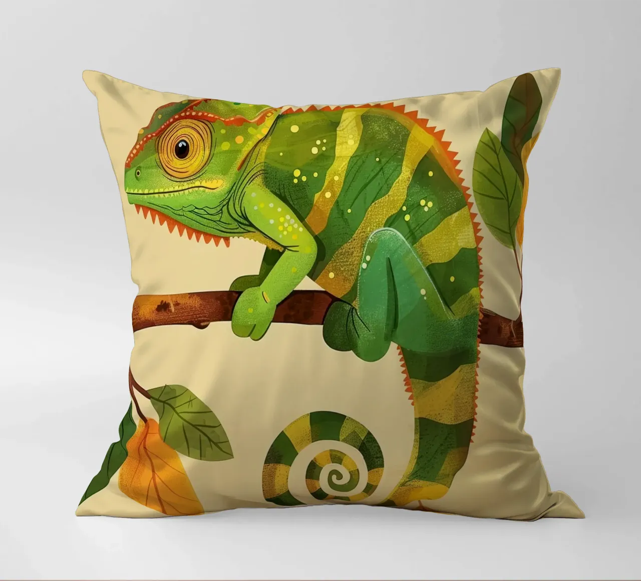 chameleon perched on a branch, with bright greens and yellow decorative cushion by DesignDoodle