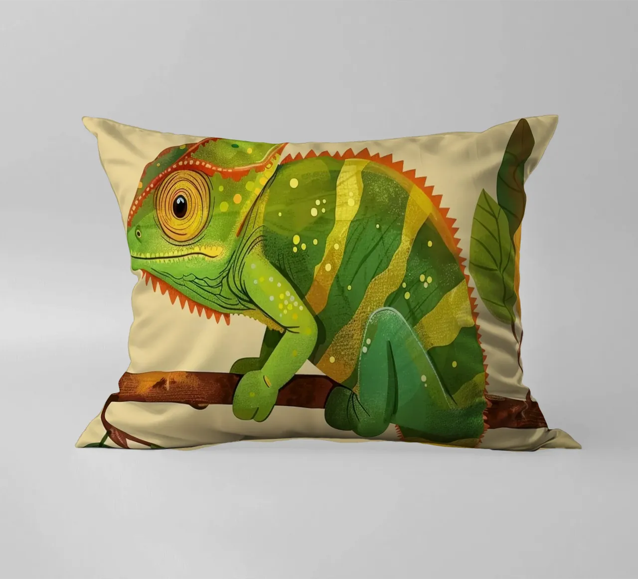 chameleon perched on a branch, with bright greens and yellow decorative cushion by DesignDoodle