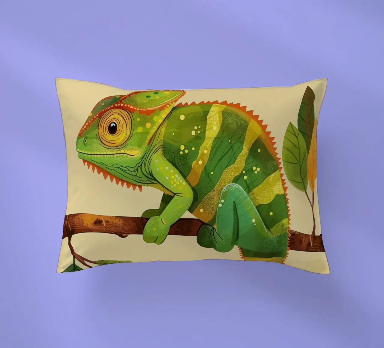 chameleon perched on a branch, with bright greens and yellow decorative cushion by DesignDoodle