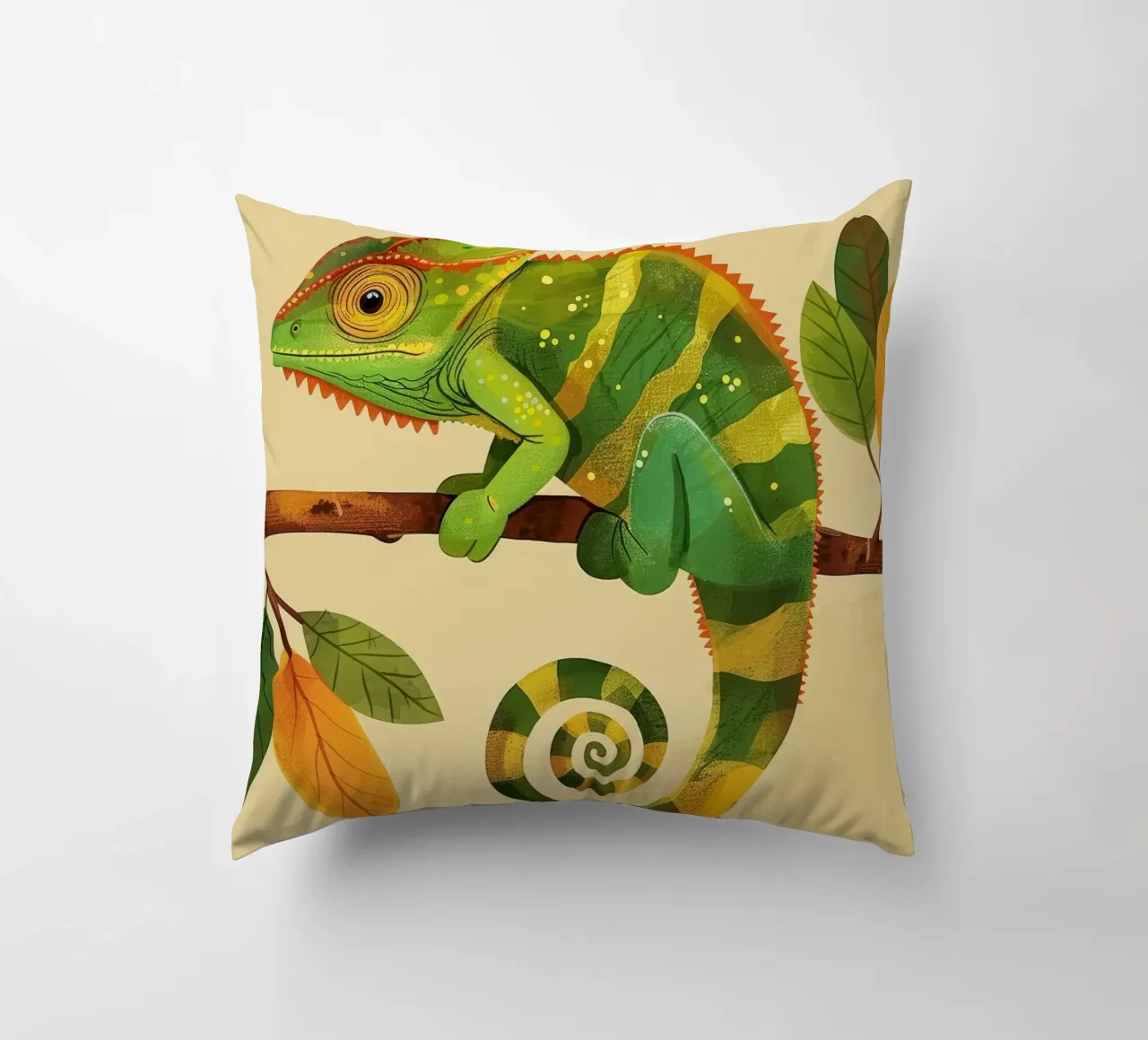 chameleon perched on a branch, with bright greens and yellow decorative cushion by DesignDoodle