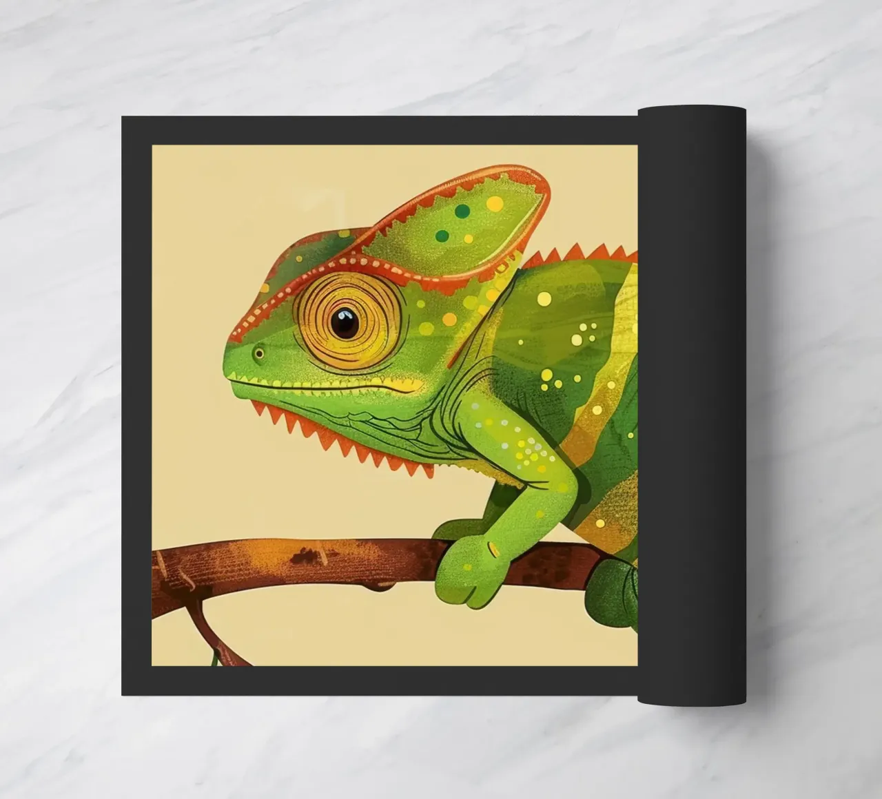 chameleon perched on a branch, with bright greens and yellow doormat by DesignDoodle