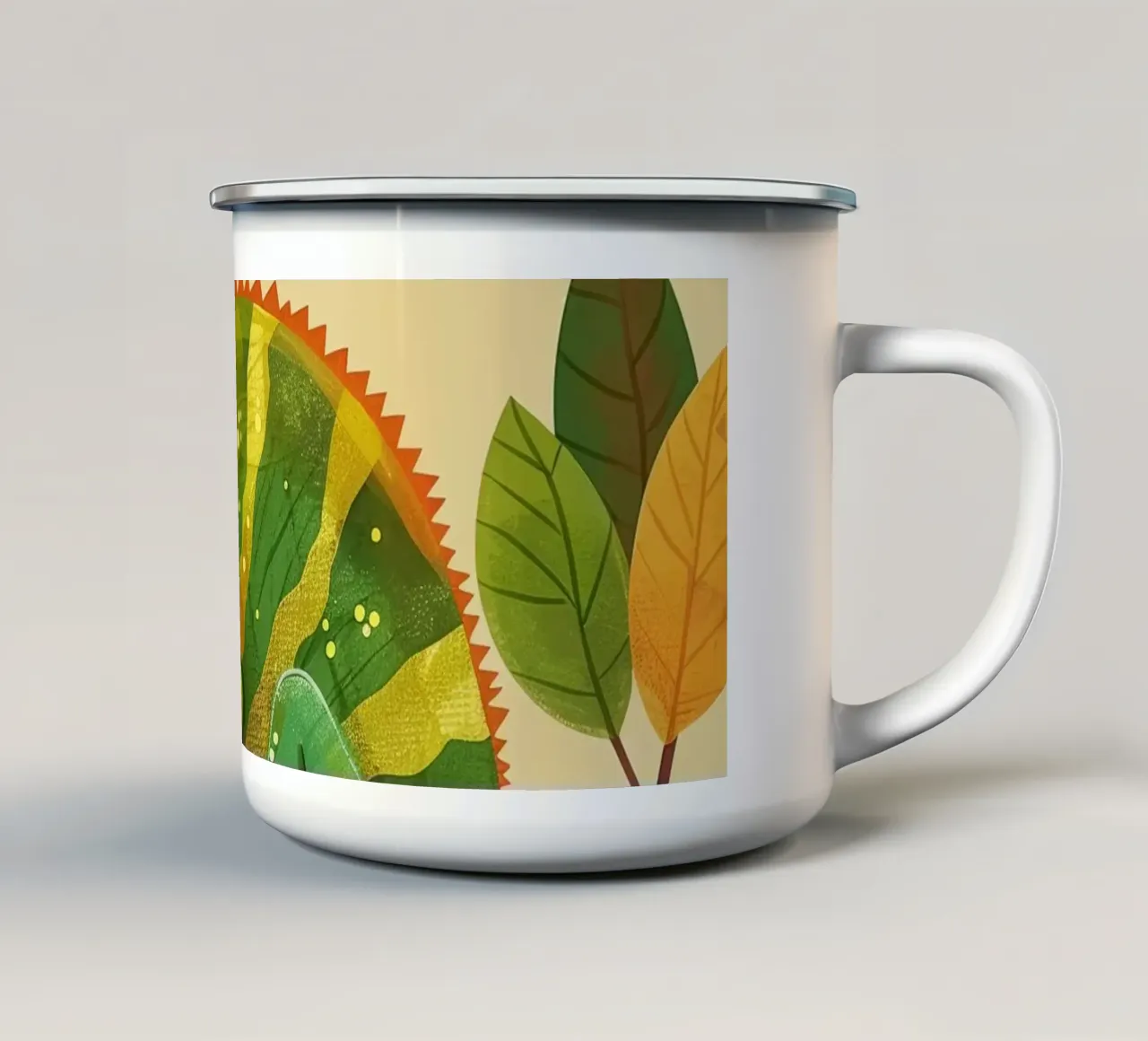 camaleonte appollaiato su un ramo, con verdi e gialli brillanti tazza in smalto da DesignDoodle