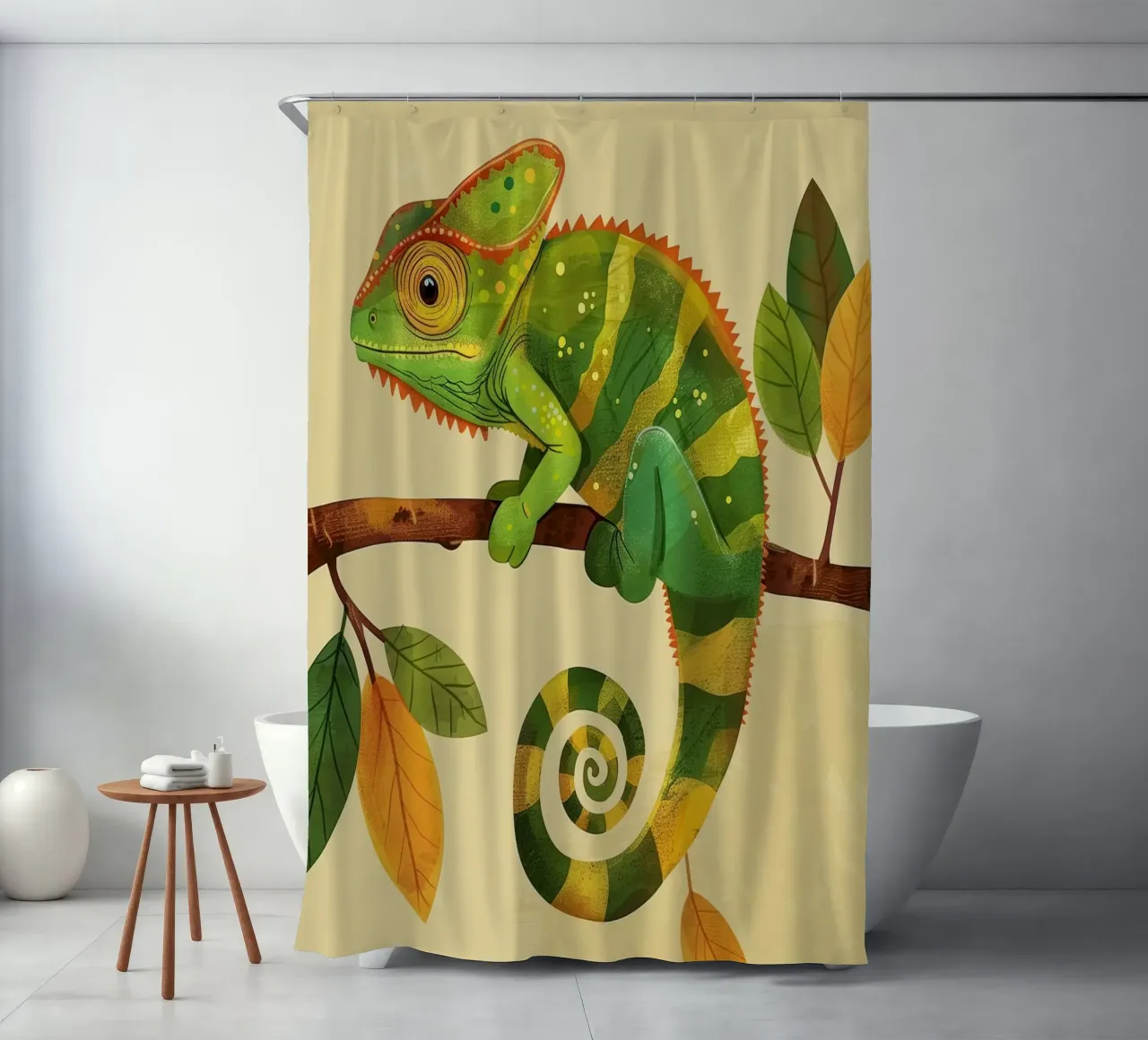 chameleon perched on a branch, with bright greens and yellow shower curtain by DesignDoodle