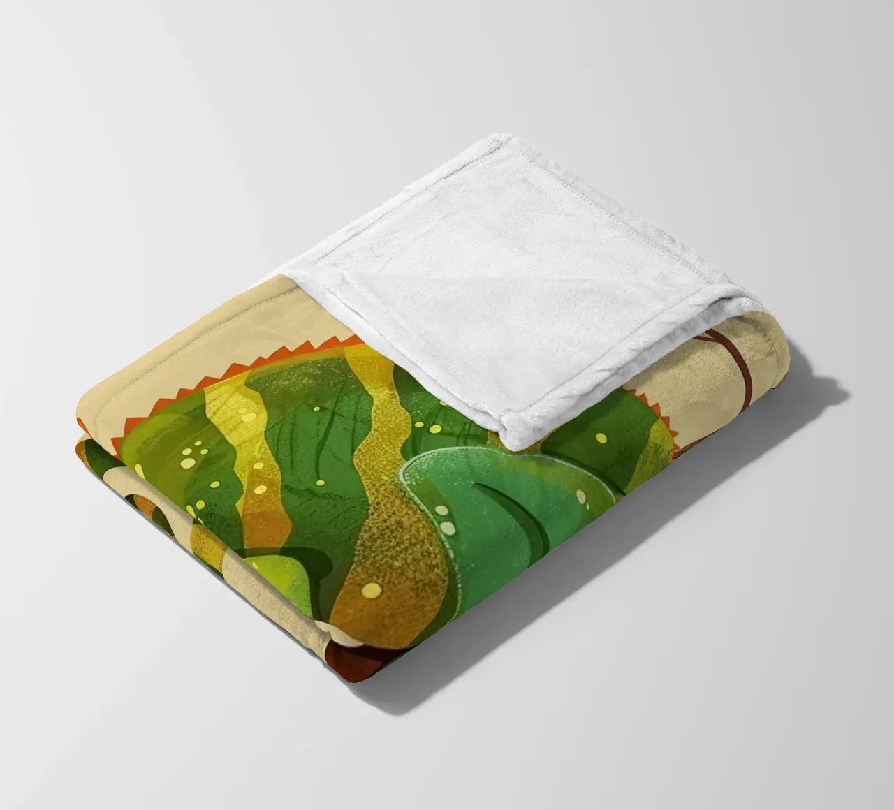 chameleon perched on a branch, with bright greens and yellow fleece blanket by DesignDoodle