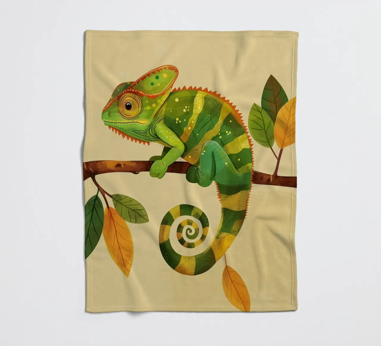 chameleon perched on a branch, with bright greens and yellow fleece blanket by DesignDoodle