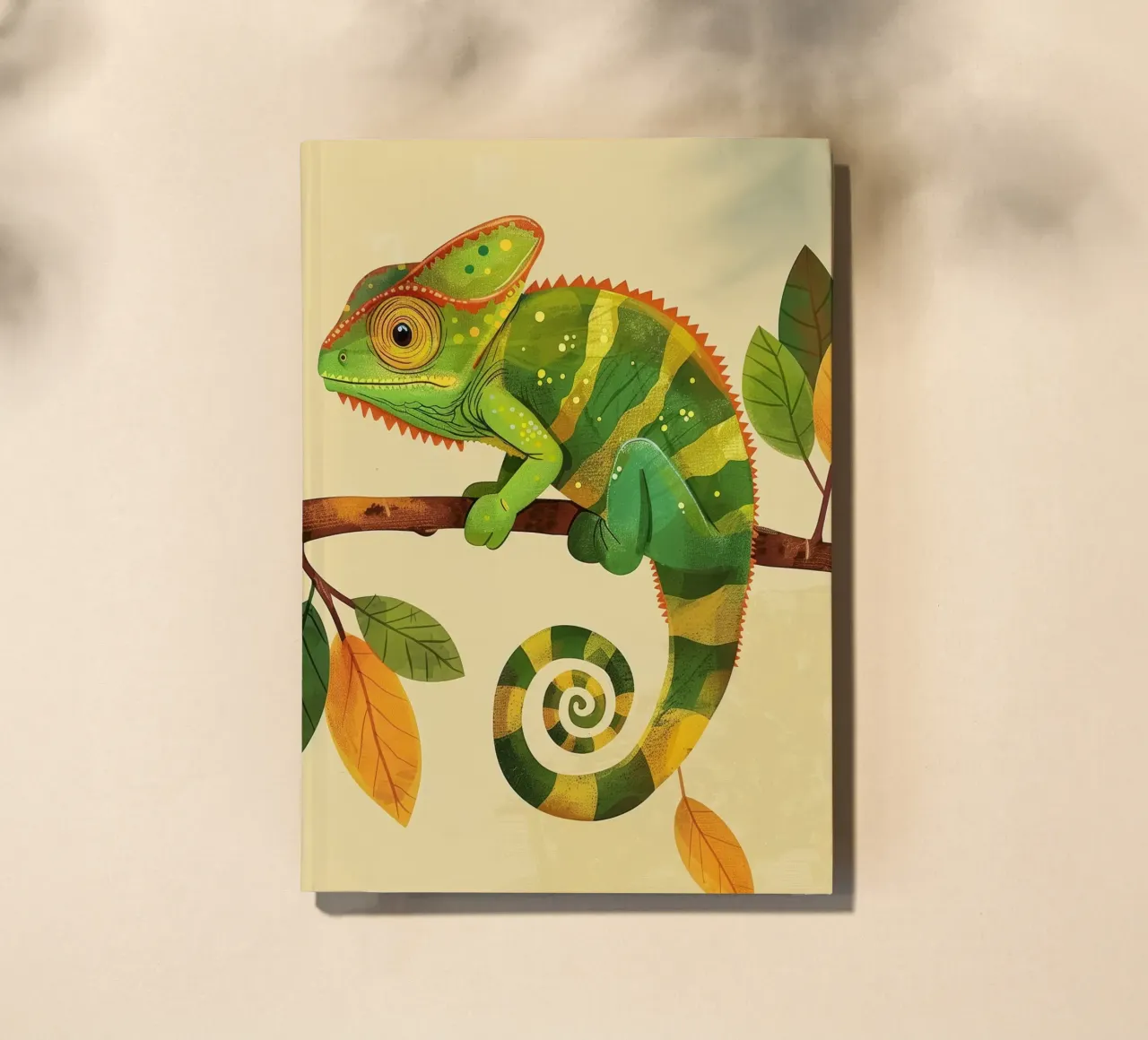 chameleon perched on a branch, with bright greens and yellow notebook by DesignDoodle