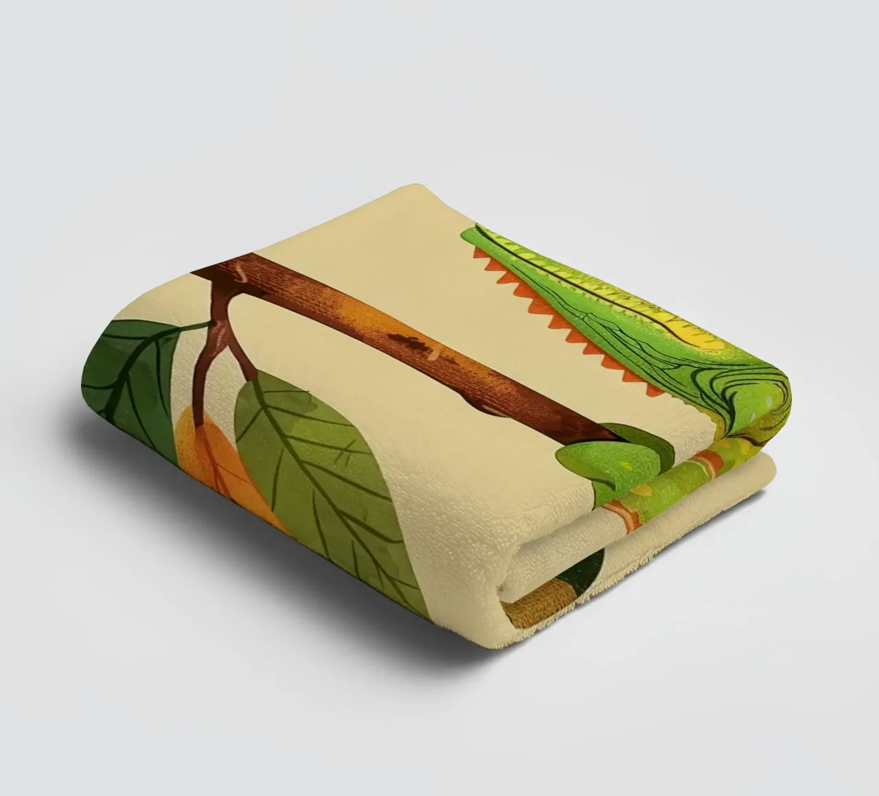 chameleon perched on a branch, with bright greens and yellow towel by DesignDoodle