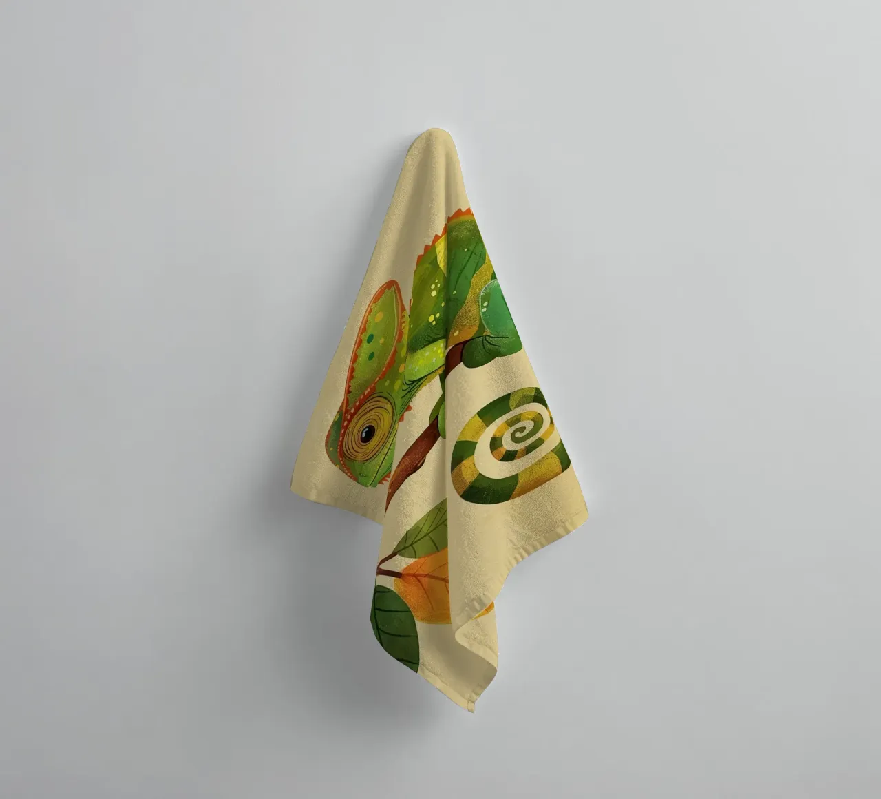 chameleon perched on a branch, with bright greens and yellow towel by DesignDoodle