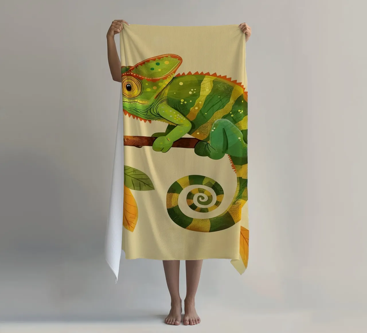 chameleon perched on a branch, with bright greens and yellow beach towel by DesignDoodle