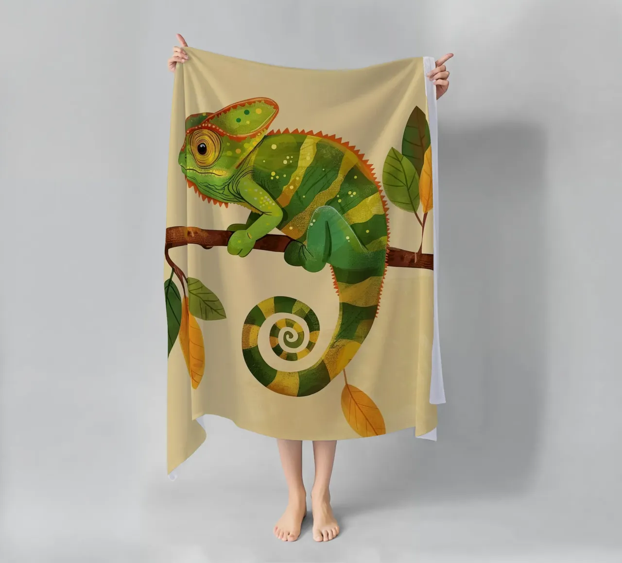 chameleon perched on a branch, with bright greens and yellow beach towel by DesignDoodle