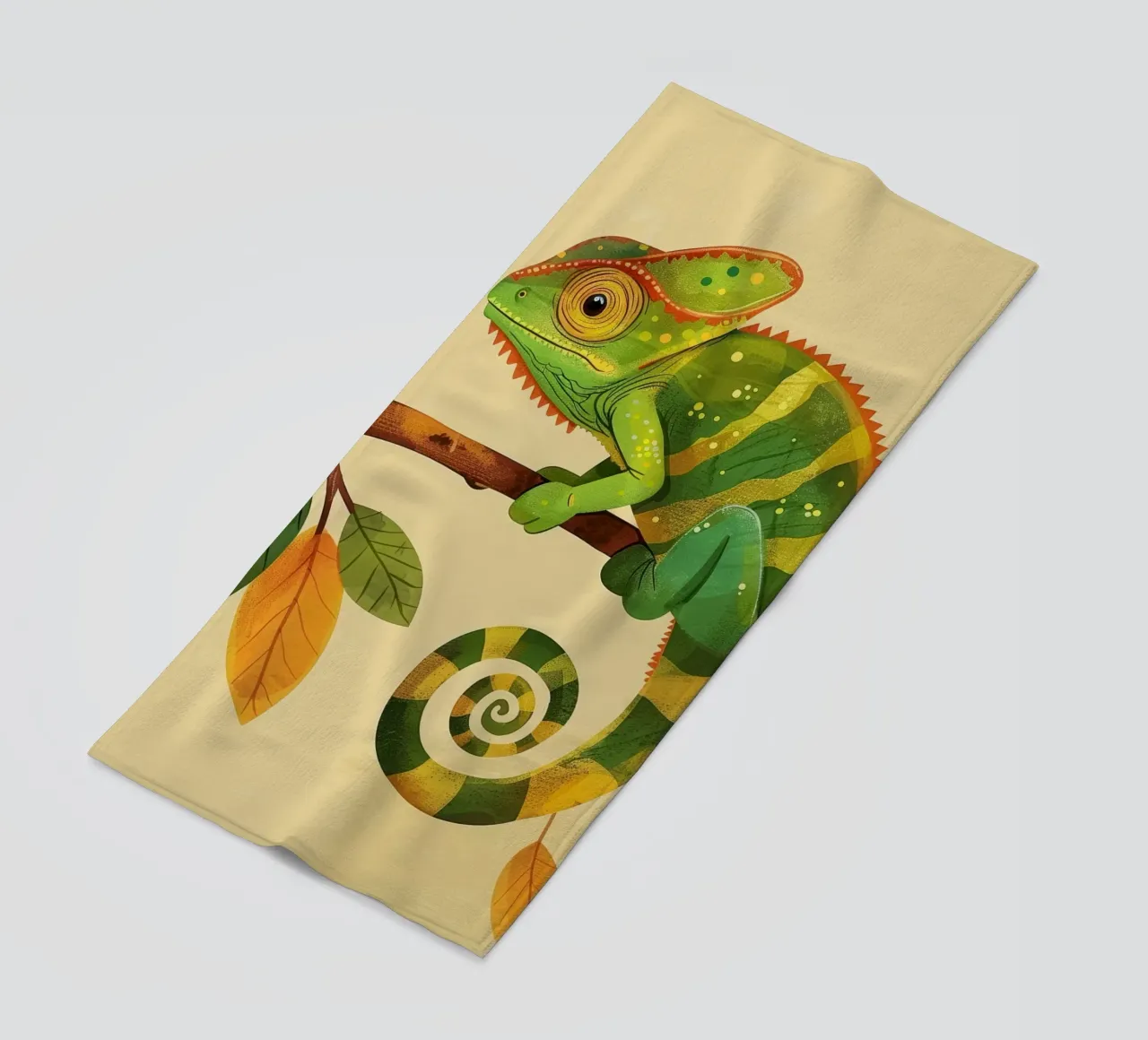 chameleon perched on a branch, with bright greens and yellow beach towel by DesignDoodle