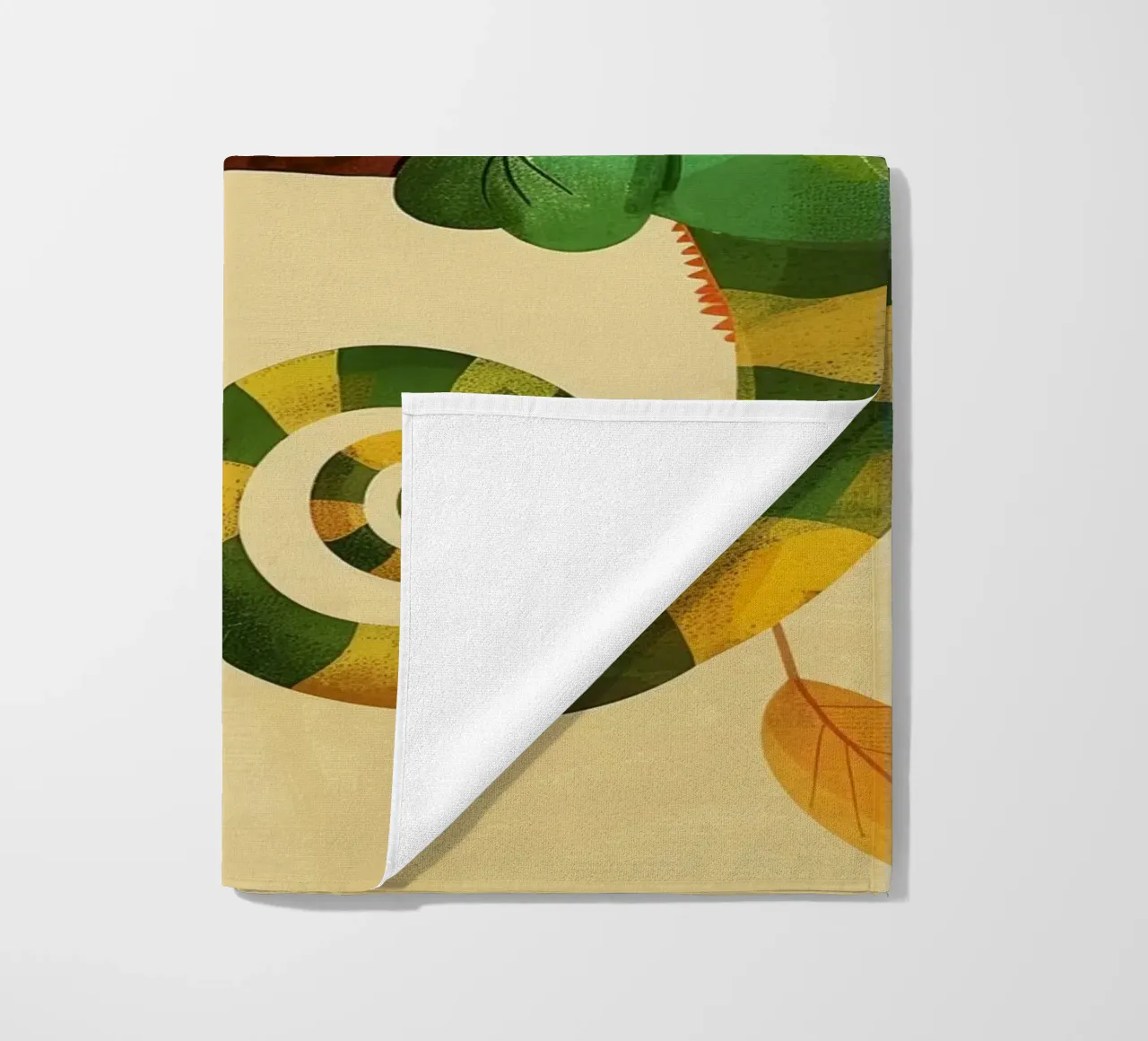 chameleon perched on a branch, with bright greens and yellow beach towel by DesignDoodle