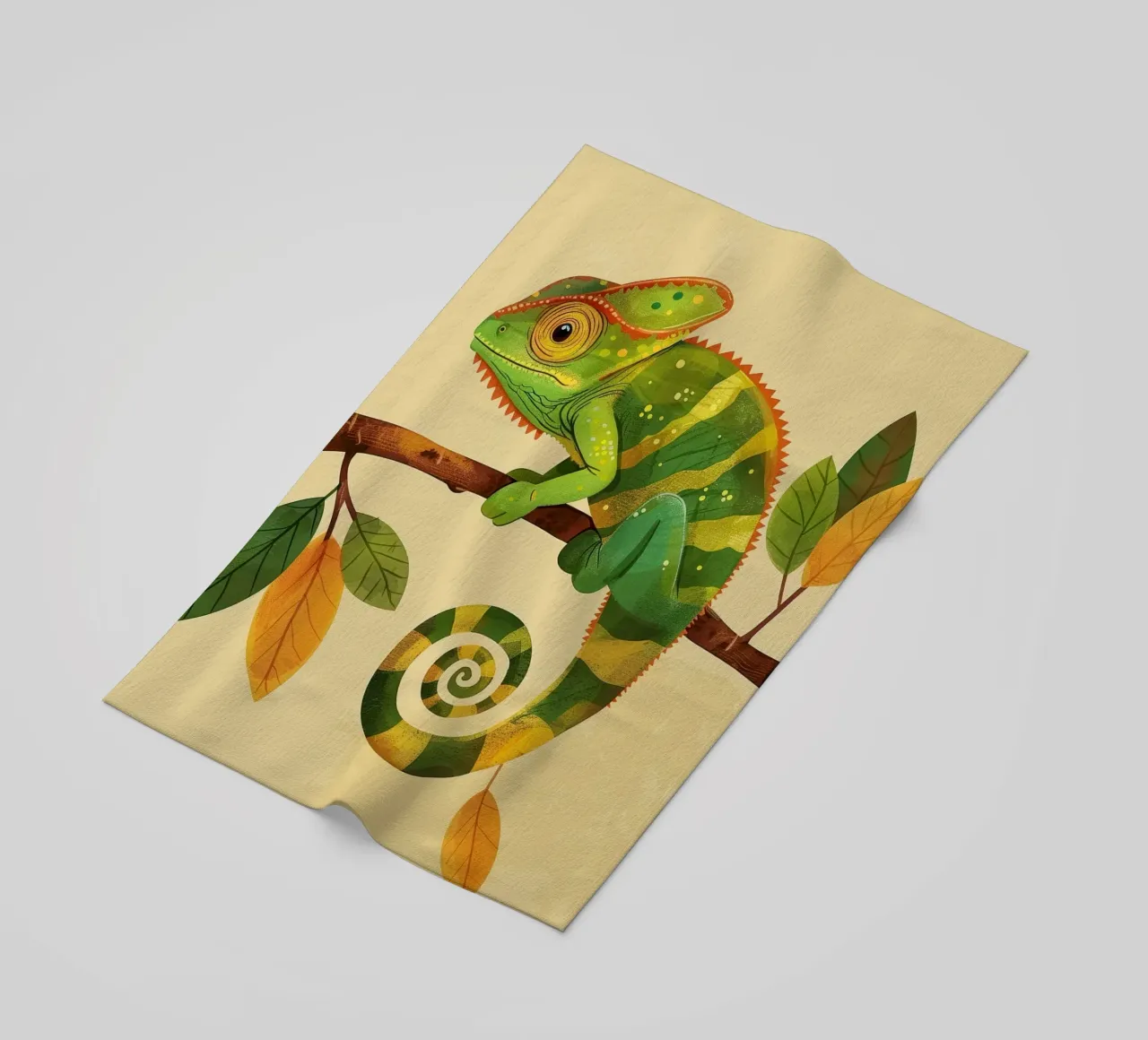 chameleon perched on a branch, with bright greens and yellow beach towel by DesignDoodle
