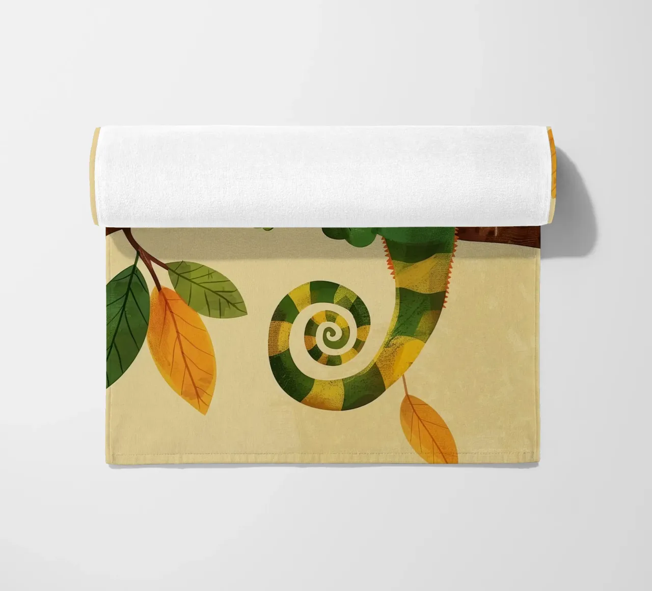 chameleon perched on a branch, with bright greens and yellow beach towel by DesignDoodle