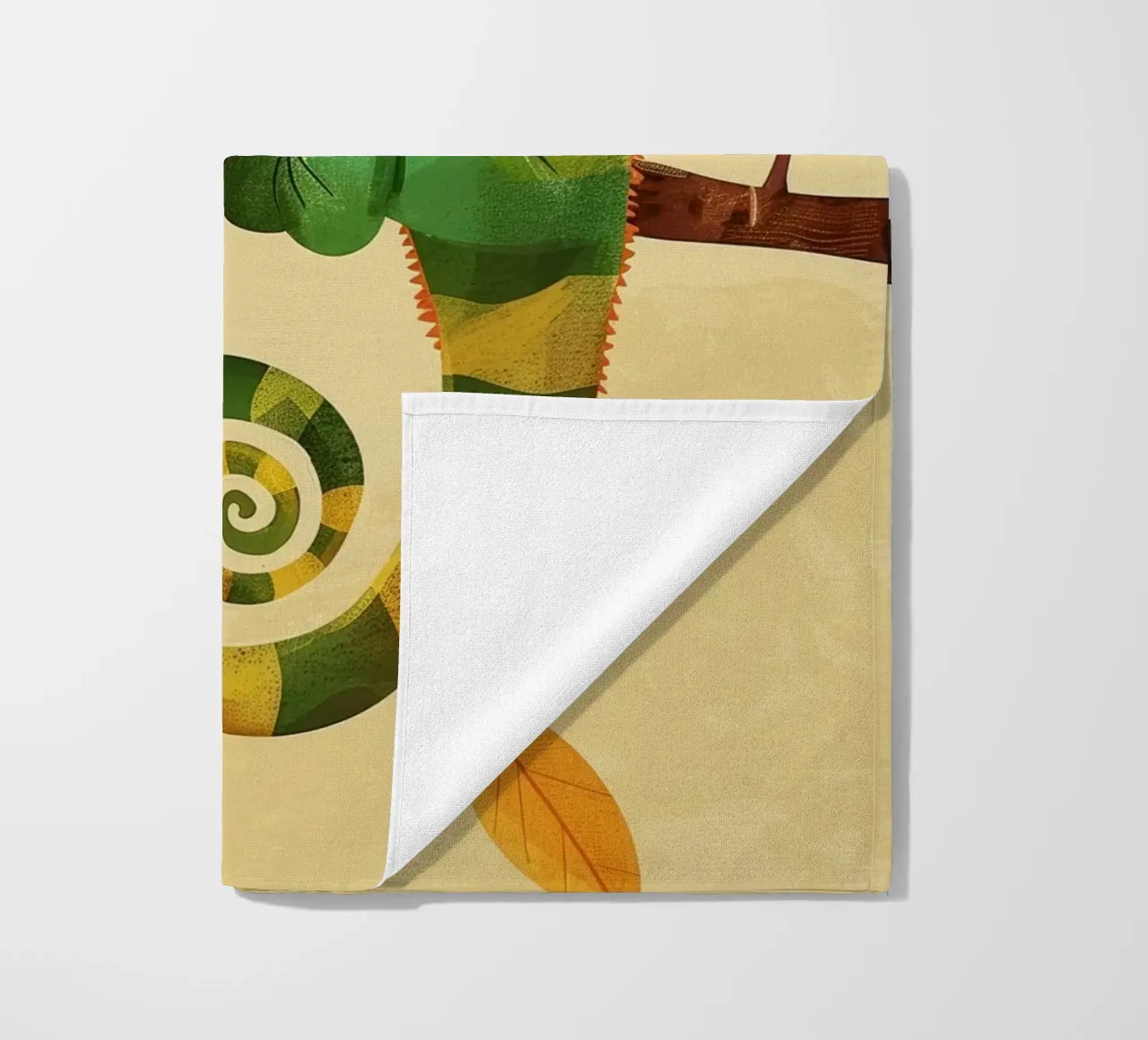chameleon perched on a branch, with bright greens and yellow beach towel by DesignDoodle