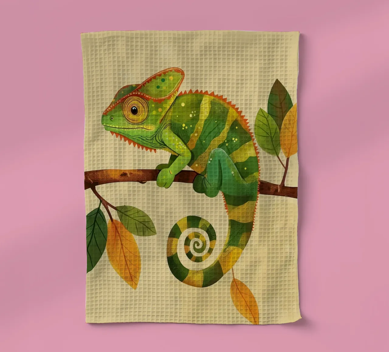 chameleon perched on a branch, with bright greens and yellow tea towel by DesignDoodle