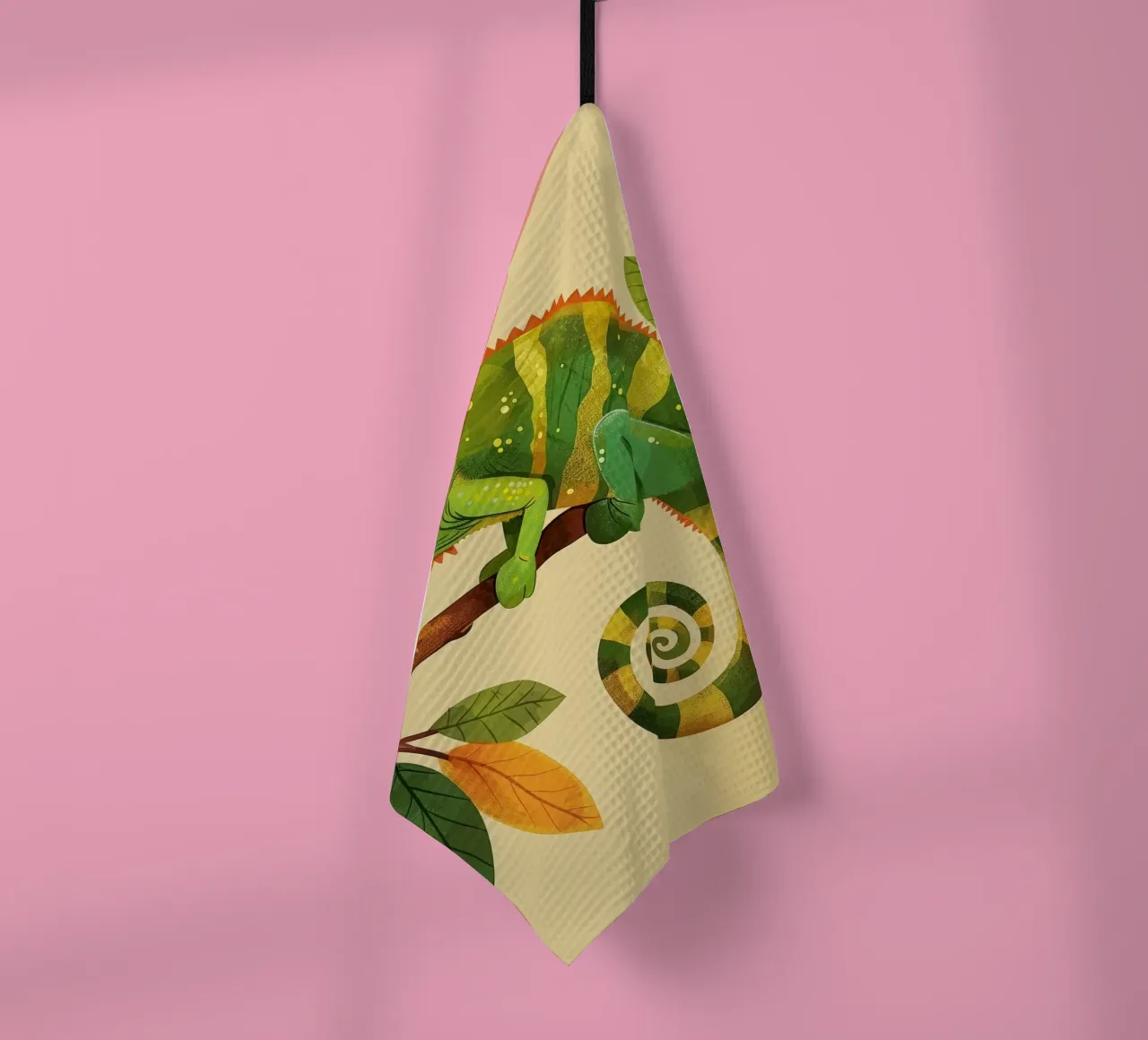 chameleon perched on a branch, with bright greens and yellow tea towel by DesignDoodle