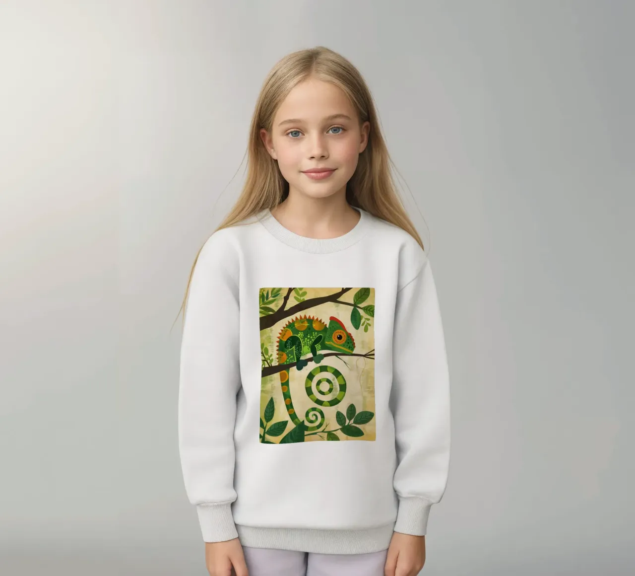 chameleon illustration with the unique, spiraled tail kids sweatshirt by DesignDoodle