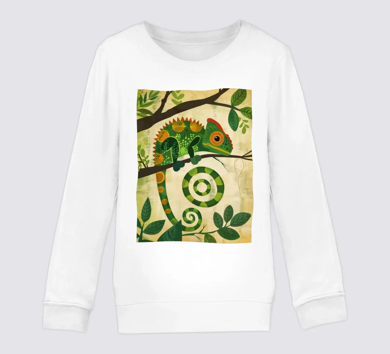 chameleon illustration with the unique, spiraled tail kids sweatshirt by DesignDoodle