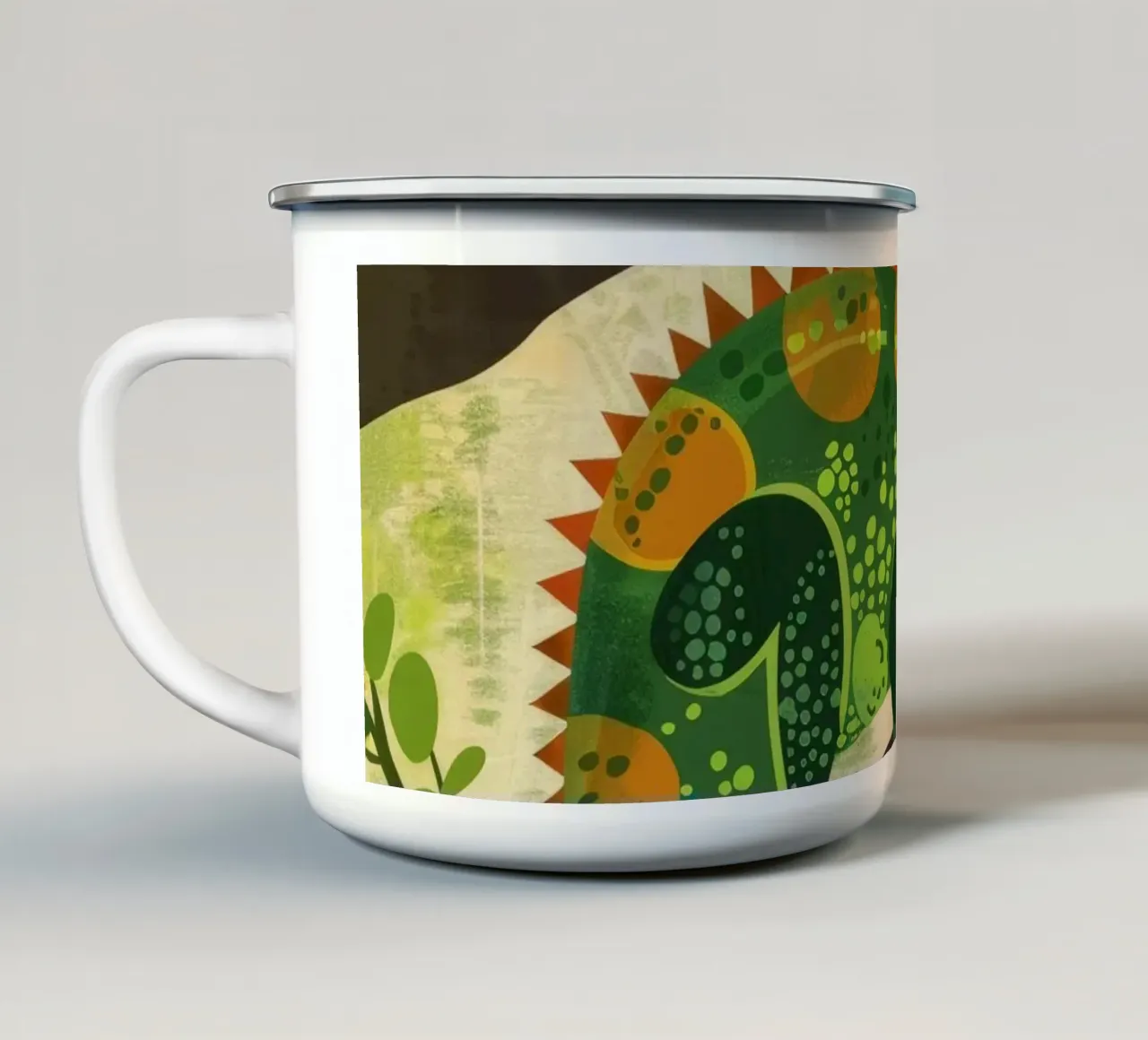 illustrazione del camaleonte con l'esclusiva coda a spirale tazza in smalto da DesignDoodle