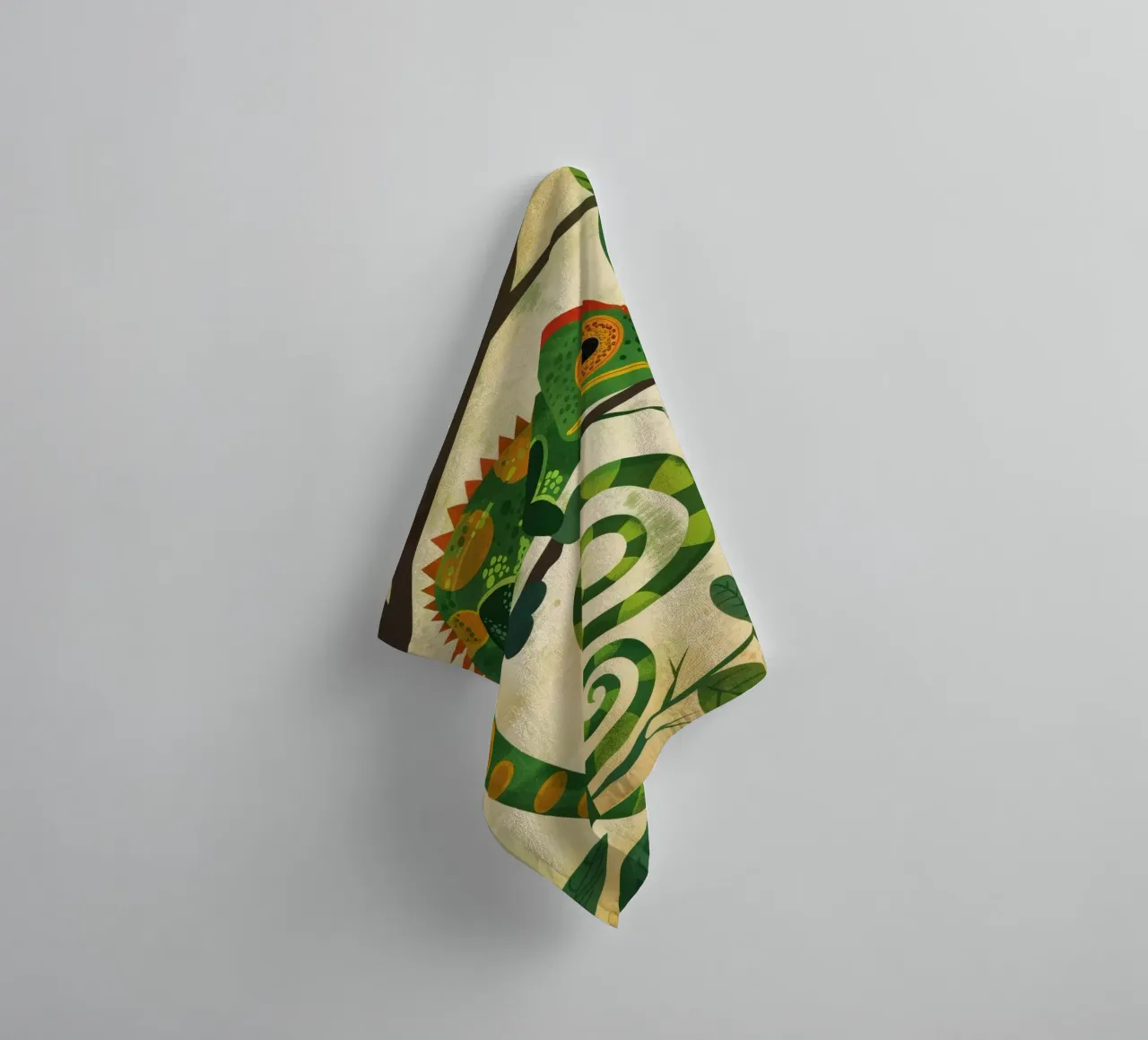 chameleon illustration with the unique, spiraled tail towel by DesignDoodle