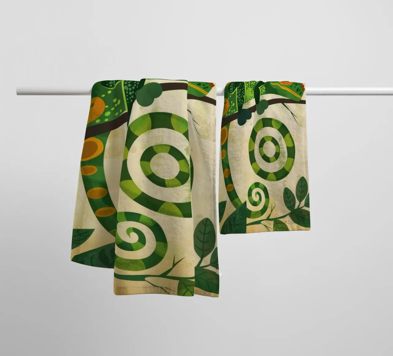 chameleon illustration with the unique, spiraled tail towel by DesignDoodle