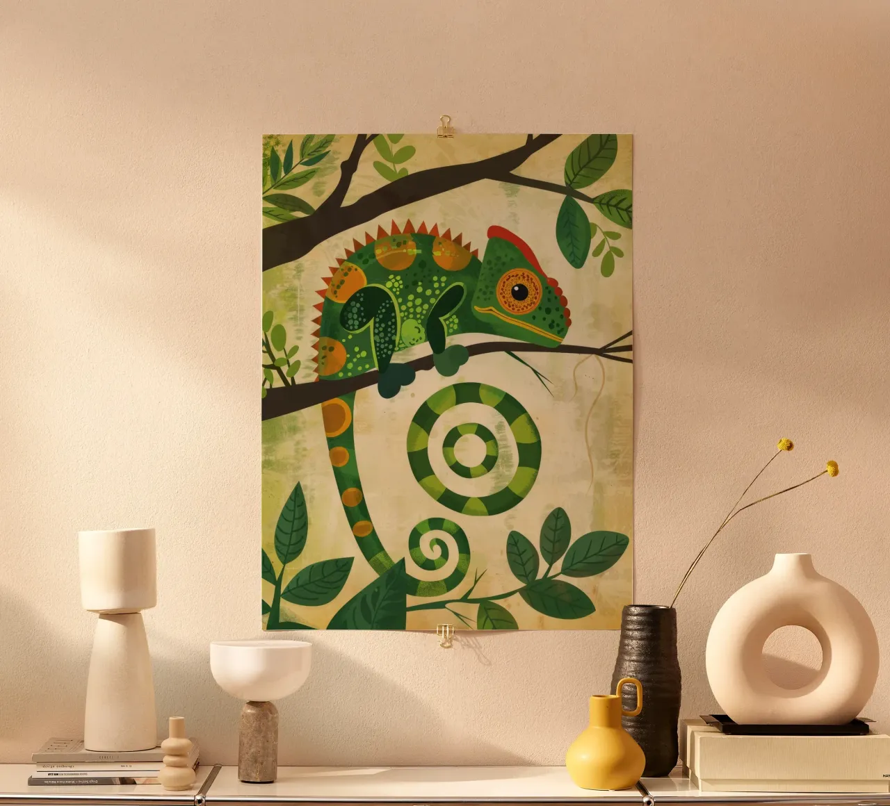ilustración del camaleón con la singular cola en espiral hahnemühle de DesignDoodle