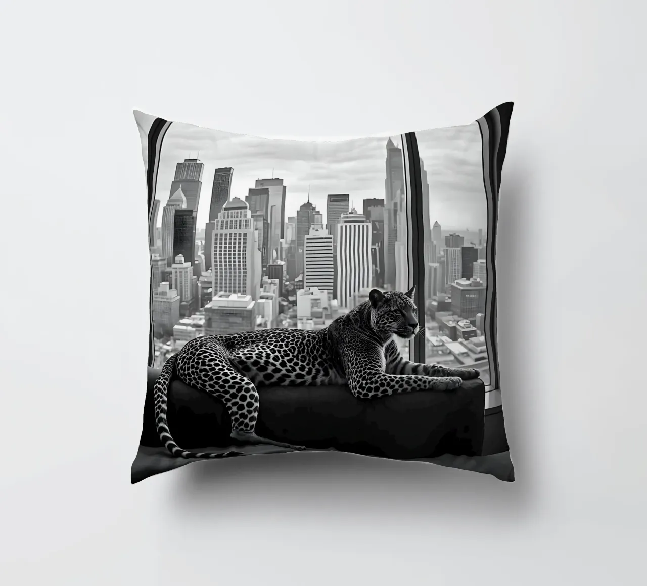 Leopard Relaxing on Sofa in NYC Luxury Apartment Scene cuscino da heaventrain