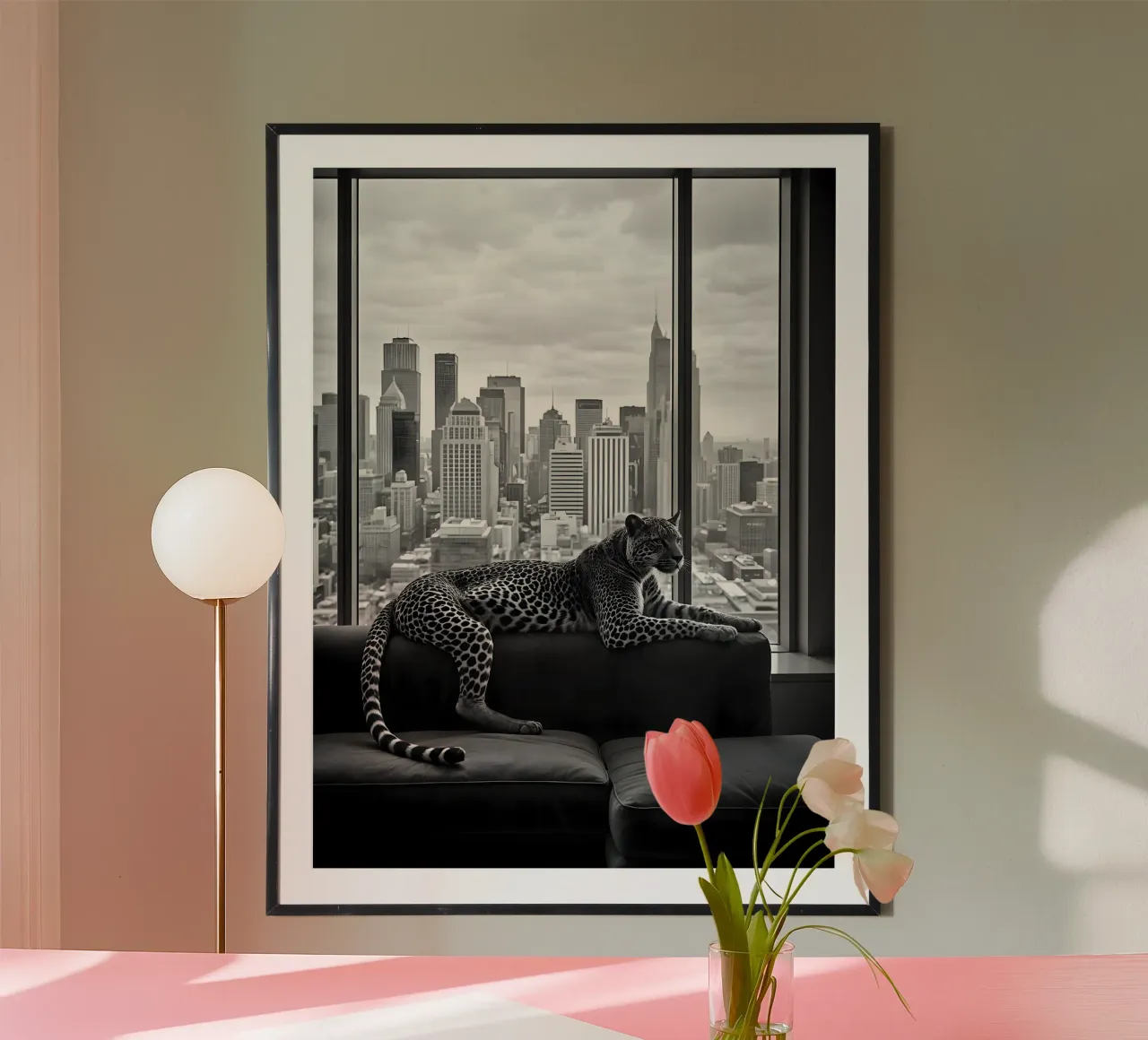 Leopard Relaxing on Sofa in NYC Luxury Apartment Scene poster da heaventrain