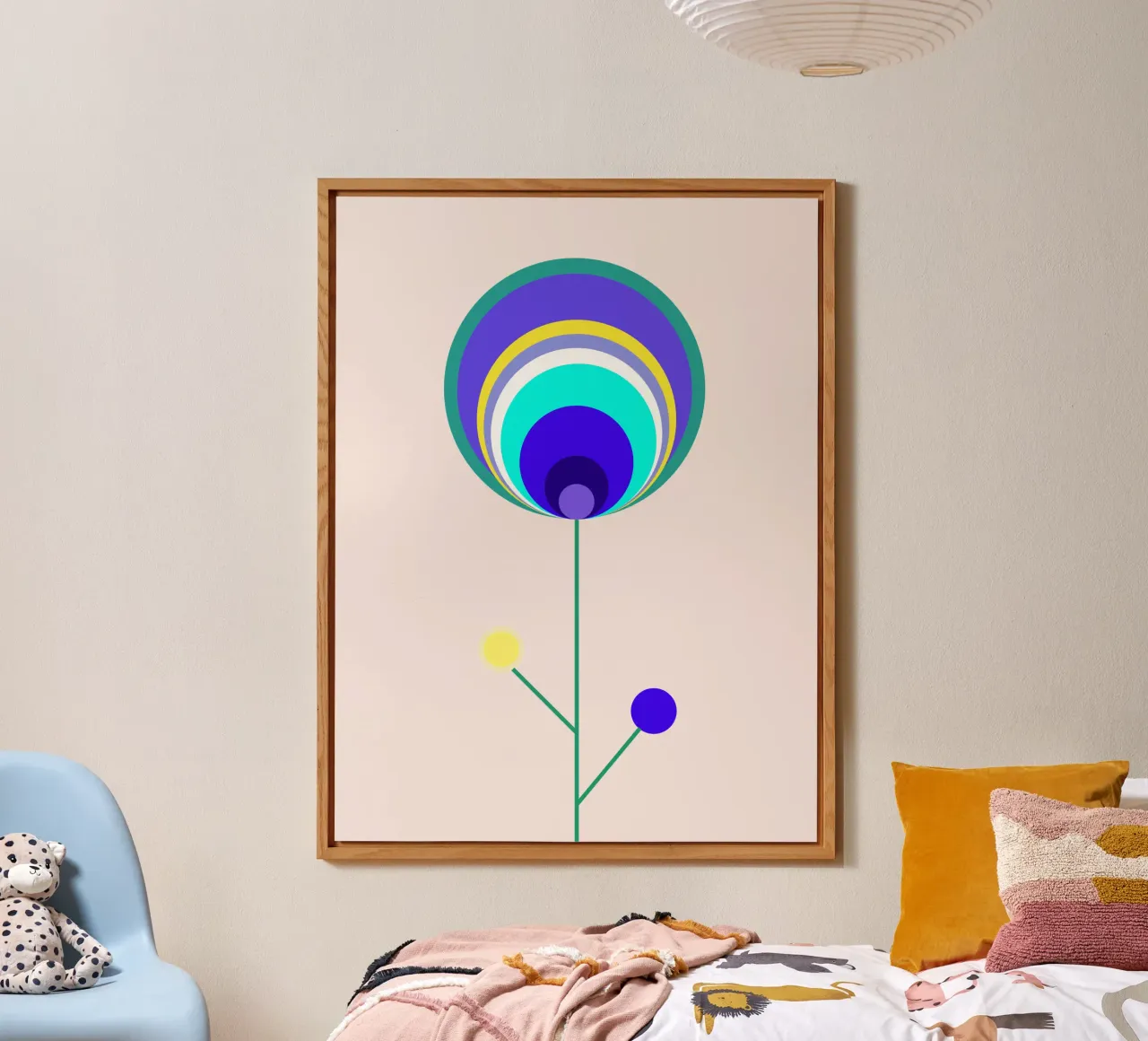 Fiore astratto con piume di pavone, fiore lecca-lecca, geometrico alluminio dibond da Lilou Art